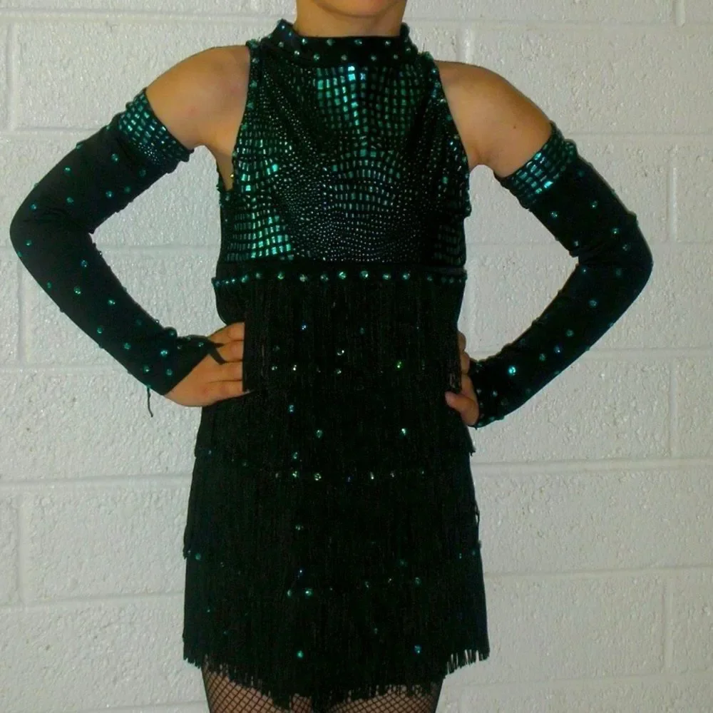 Jazz fringe dress with Swarovski Crystals and arm sleeves.